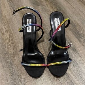 Steve Madden Black Heeled Sandals with Rainbow Crystal Straps